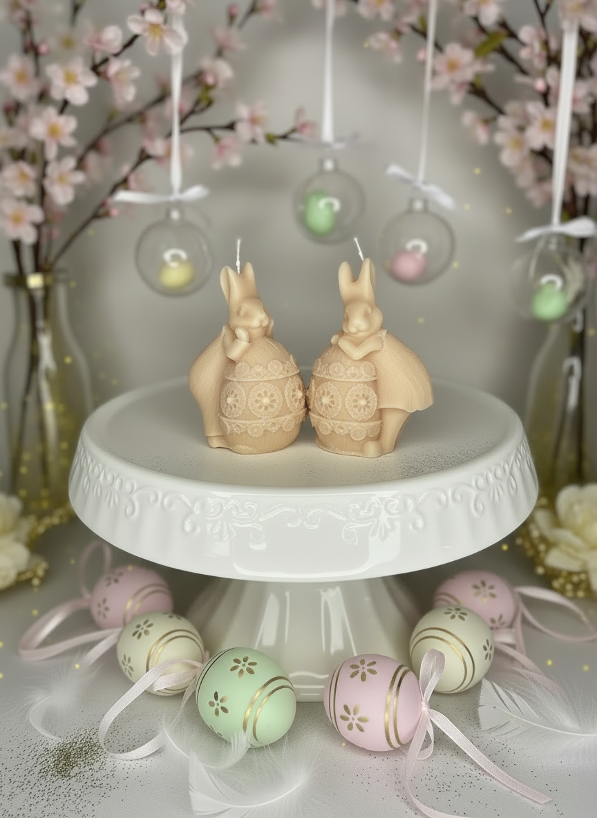 Duo di Primavera" – Coniglietti Gemelli su Uovo Intagliato