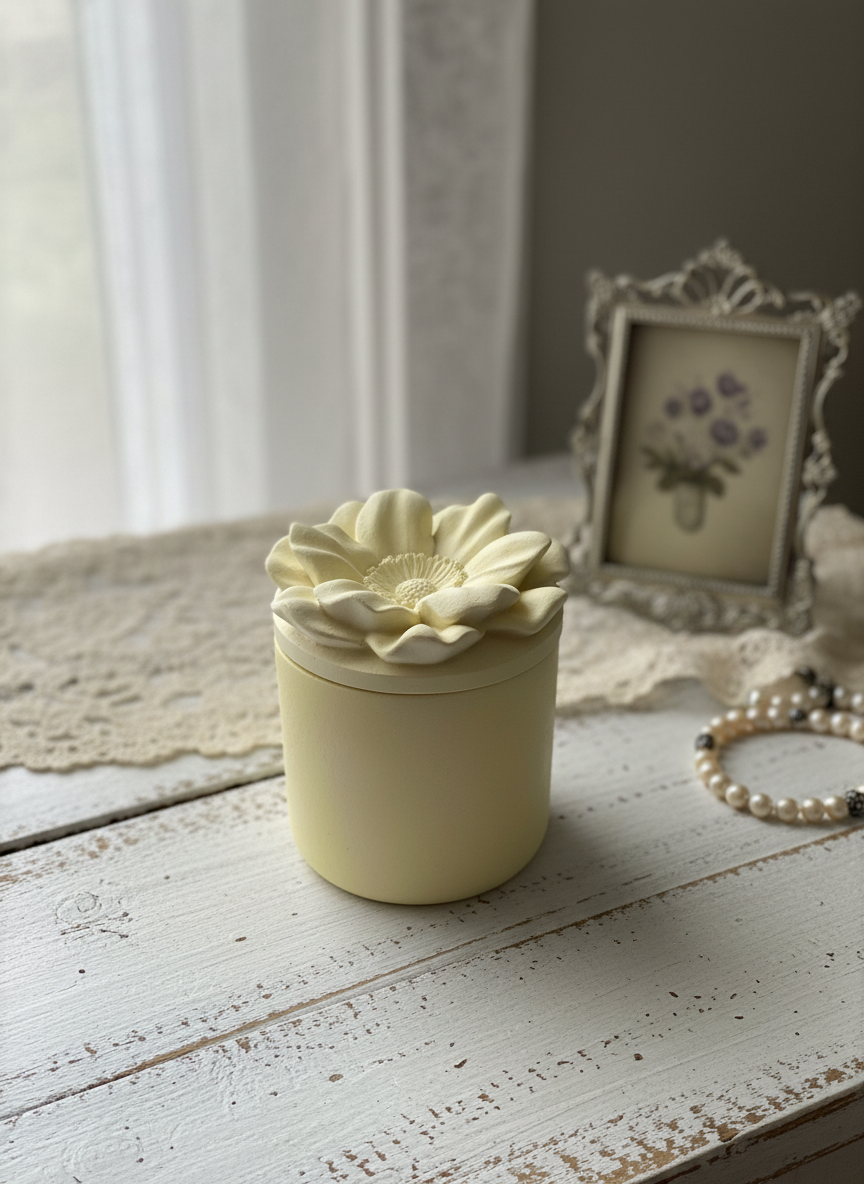 Fiore" in Gesso Monocromatico con Coperchio Floreale