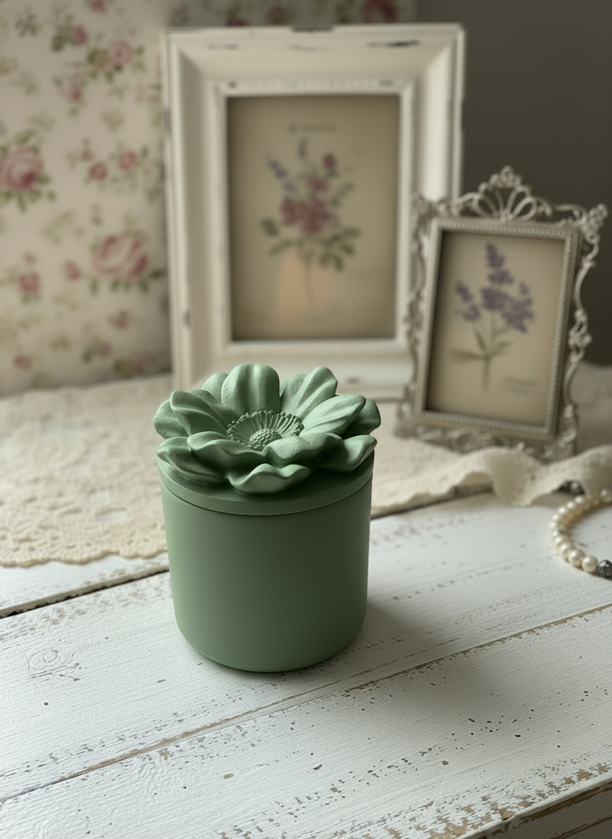 Fiore" in Gesso Monocromatico con Coperchio Floreale